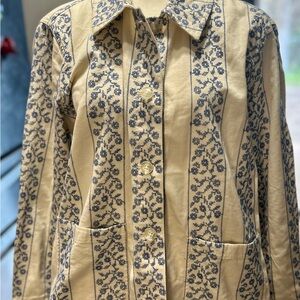 LOFT Cream and Blue Floral Stripe Button-Up Jacket